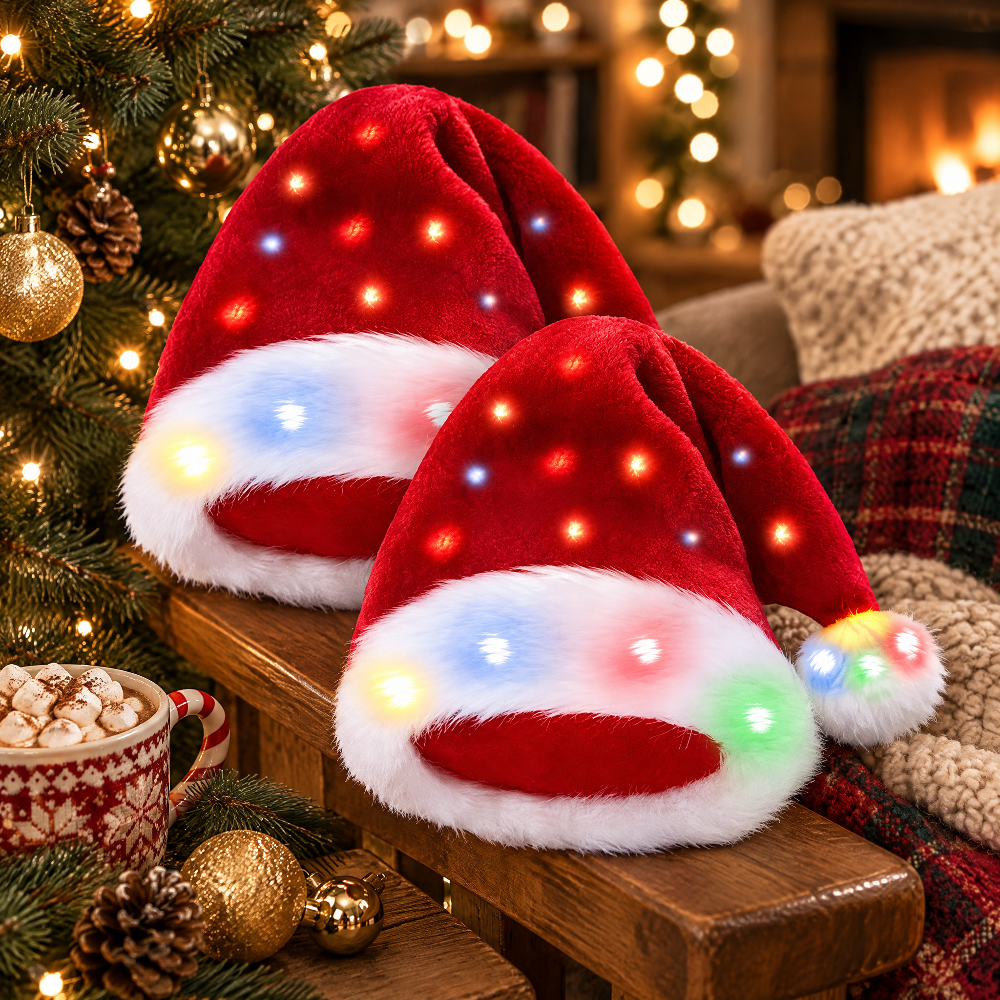Bonnet de Père Noël lumineux en peluche pour adultes et enfants