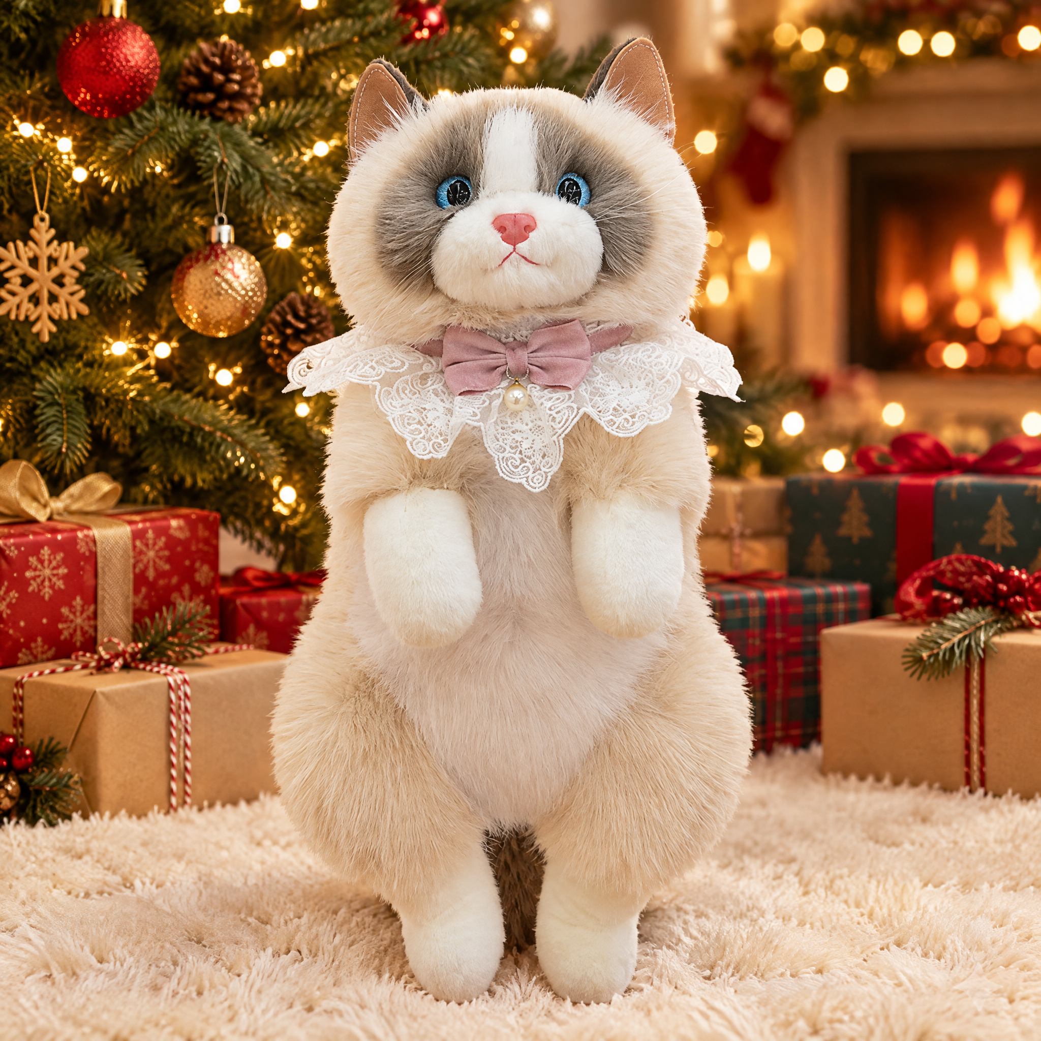 Zainetto in peluche gatto Ragdoll con fiocco