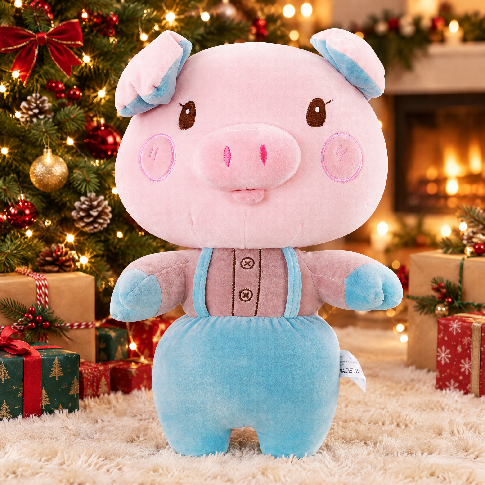 Cuscino maialino di peluche con salopette
