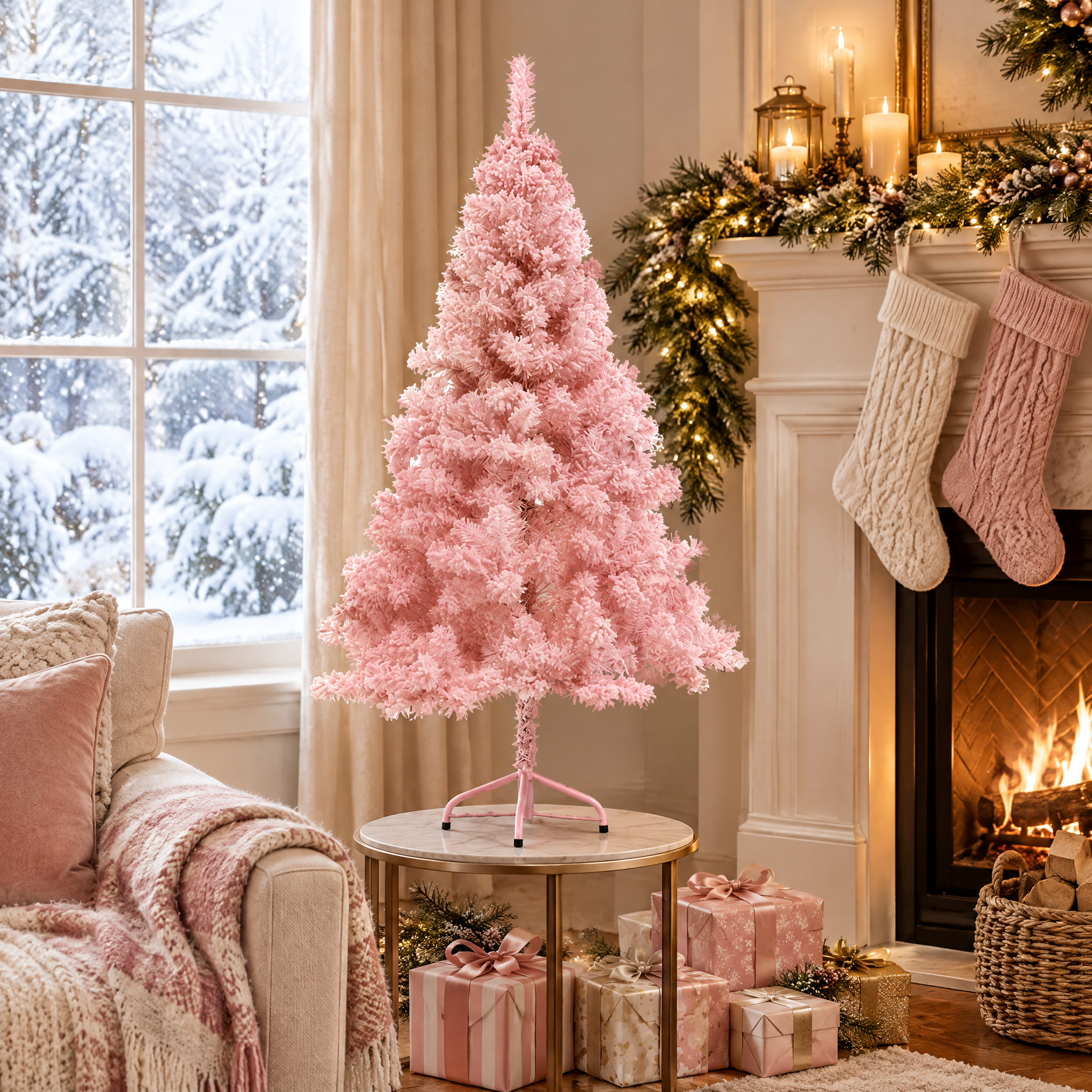60 cm Pink Flocked Tabletop Christmas Tree – Christmas