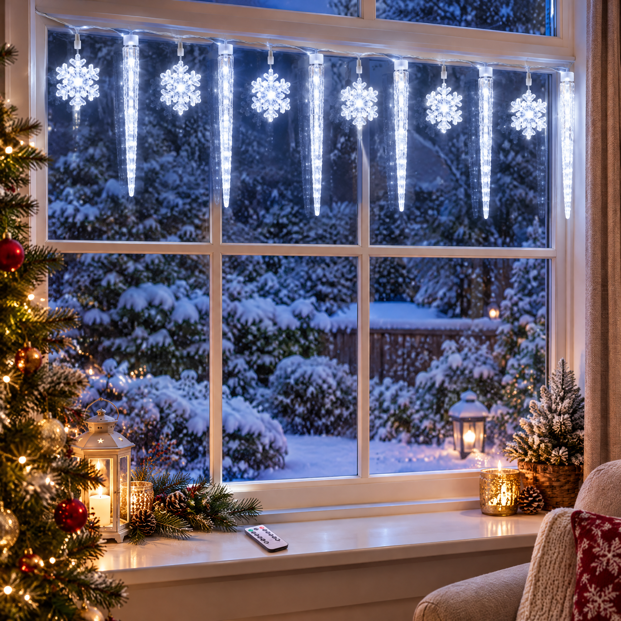 Catena di luci LED natalizie con ghiaccioli e fiocchi di neve
