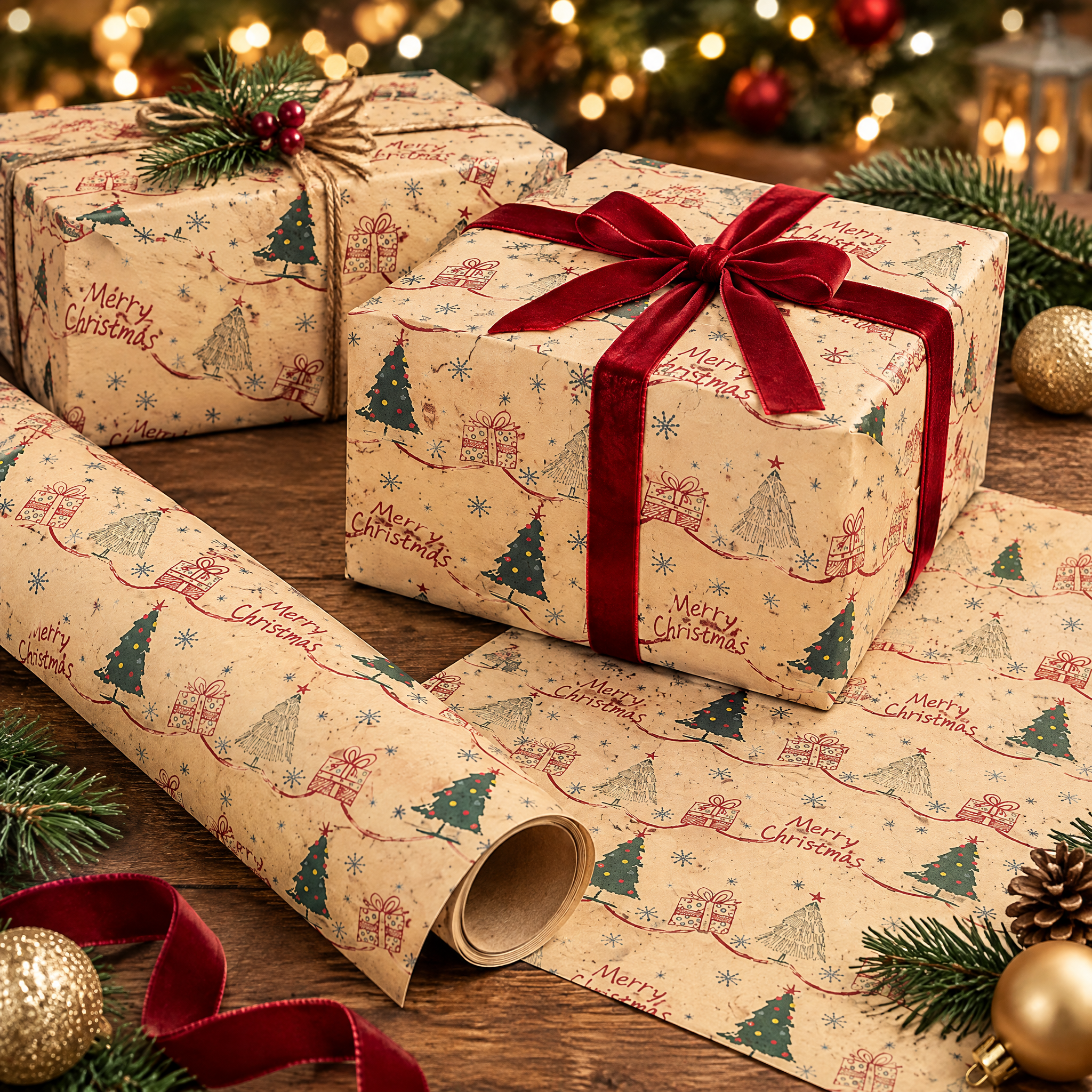 Papel de Embrulho de Natal Kraft Grosso 50x70 cm