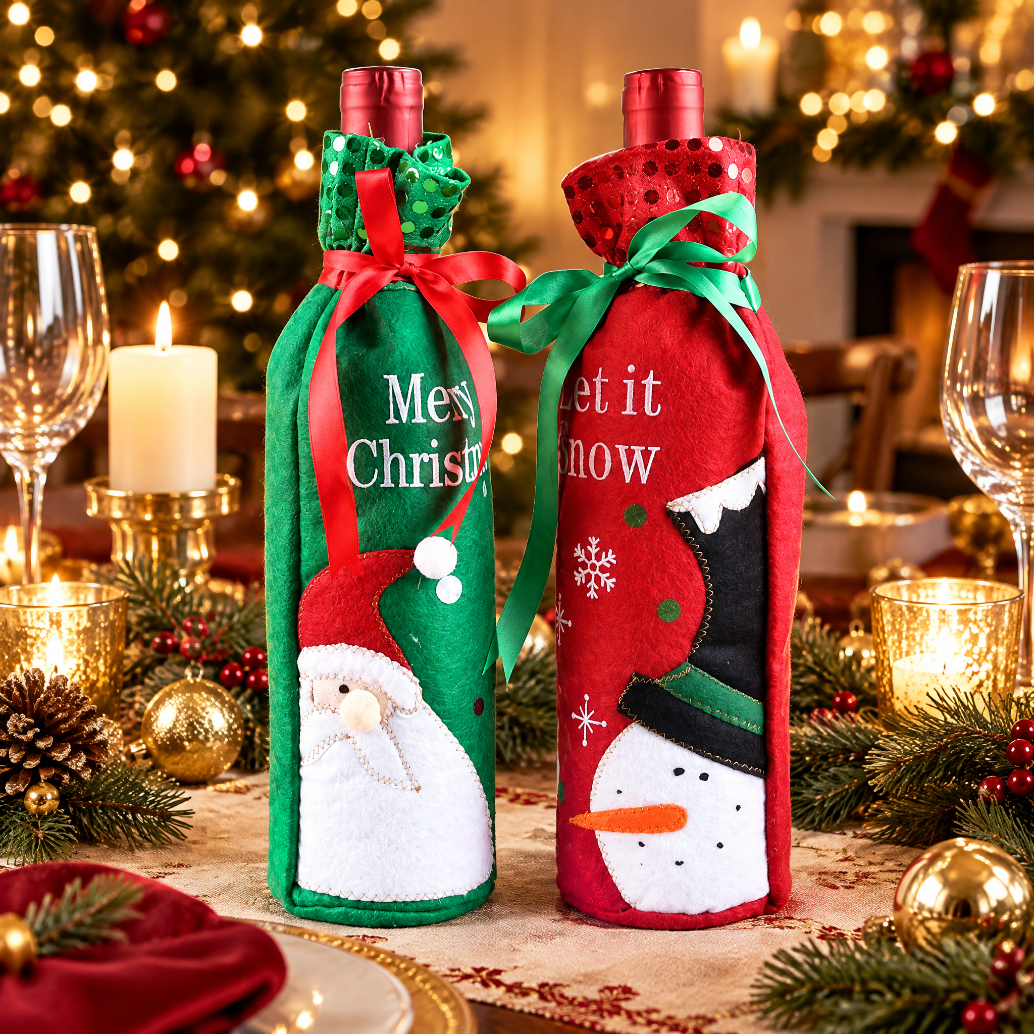 Santa and Snowman Wine Bottle Cover – Christmas
