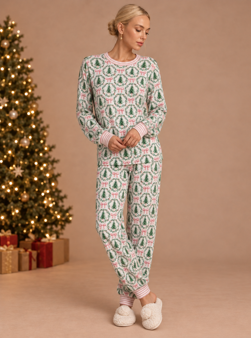 Women's Christmas Print Long Pajama Set – family photoshoot