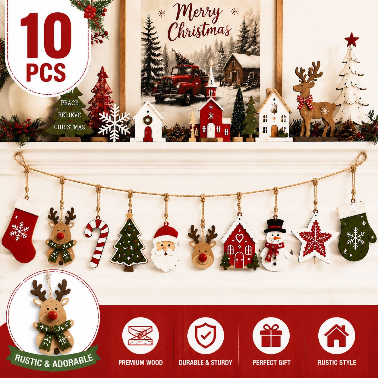Wooden Christmas Hanging Ornaments, 5 Sets