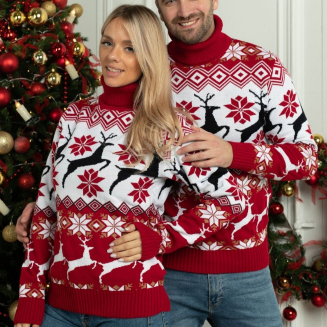 Couples Christmas Reindeer Jacquard Turtleneck Sweater 1