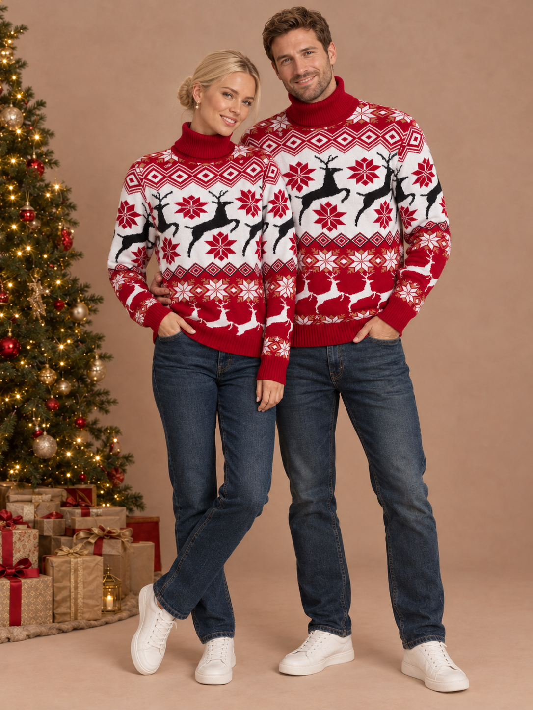 Couples Christmas Reindeer Jacquard Turtleneck Sweater – family photoshoot