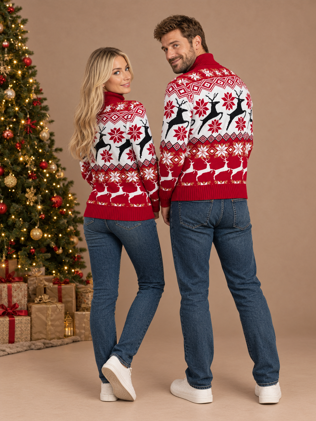 Couples Christmas Reindeer Jacquard Turtleneck Sweater – back view